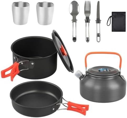 Camping Cookware Set(Green), Portable Backpacking Gear with Kettle, Pot, Pan, Cups & Foldable Cutlery, Lightweight Outdoor Cooking Kit for 2-3 People, Ideal for Hiking, Picnic & Camping by Pardarsey