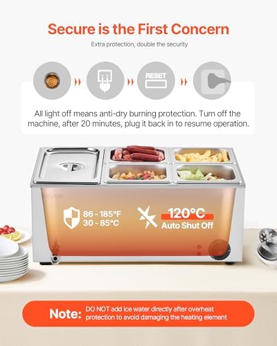 VEVOR 24QT Commercial Food Warmer, 5-Pan Electric Steam Table, 1200W Professional Countertop Stainless Steel Buffet Bain Marie with 86-185°F Temp Control for Catering, Buffet, Parties, Restaurants - Image 5