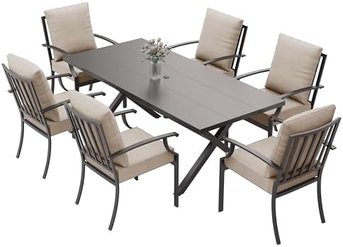 ALAULM 7-Piece Patio Dining Table and Chairs Outdoor Dining Set for 6 Patio Dining Sets with Rectangular Metal Table with Umbrella Hole for Patio, Backyard, Garden-Sand - Image 6