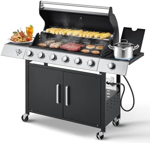 Upgraded 6 Burner 60000 BTU Propane Gas Grill with Side Burner by UPHYB