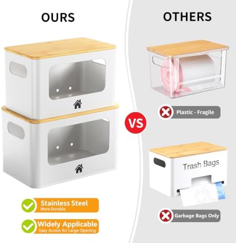 ALOCEO Metal Trash Bag Holder with Bamboo Lid - 13/30/33 Gallon Garbage Bag Dispenser - Under Sink Organizer - Laundry Room Organization - Stackable Bins for Pantry and Kitchen Storage - 2 Pack White - Image 3