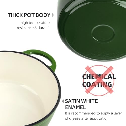 3 Quart Dutch Oven Enameled Cast Iron with Lid - Big Dual Handles - Oven Safe up to 500°F - Classic Round Pot for Versatile Cooking Green - Image 7