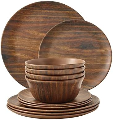TP 12-Piece Melamine Dinnerware Sets, Service for 4, Wood Grain by TastePrime