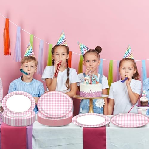 50 PCS Pink Plaid Oval Paper Plates Large 11” Disposable Pink and White Checkered Party Decorations Camp Oval Supplies Favor for BBQ Gathering Picnic Birthday Outdoor Girls Party Tableware Set - Image 5