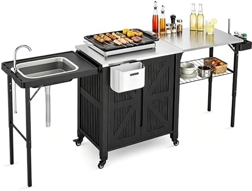 Outdoor Grill Cart with Storage Cabinet, 3-in-1 Movable Kitchen Island Cart, Outdoor Grill Cooking Station with Stainless Steel Countertop&Rolling Wheels&Folding Side Tables for Backyard Patio by aoole