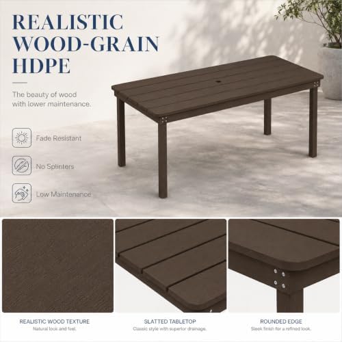 64" Rectangular Outdoor Dining Table, All-Weather HDPE Patio Table for 6-8 Person, Large Composite Wood Furniture with Umbrella Hole for Backyard Deck Garden Poolside, Coffee - Image 5