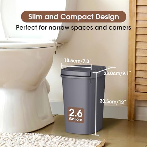 CEROELDA 3 Pack Bathroom Trash Can with Lid, 10L/2.6 Gal Small Garbage Can with Press Top Lid, Slim Plastic Waste Basket for Toilet, Office, Bedroom (Grey) - Image 3