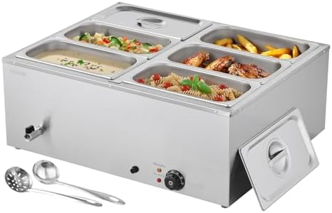 VEVOR Commercial Food Warmer, 1500W Electric Stainless Steel Steam Food Warmer with Lid, 6-Pan Fast Heating Countertop Buffet Bain Marie with Soup & Perforated Ladles, for Catering, Restaurant, Party by VEVOR