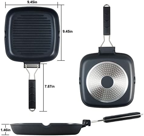 S·KITCHN Grill Pan with Folding Handle, Nonstick Grilling Pan for Stove Tops, Induction Compatible Square KBBQ Pan with Pour Spouts - 9IN - Image 6