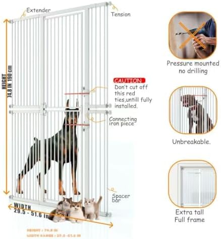 74.8" Extra Tall pet Gate,29.5-51.6" Wide cat gate for Doorway Pet Gate with Cat Doors NO Drilling Pressure Mount Kit for Cats and Dogs Indoor Doorways liveing Room Bedroom，White - Image 2