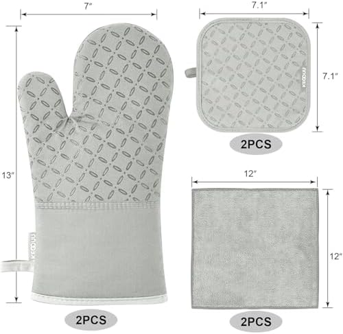 KEGOUU Oven Mitts and Pot Holders 6pcs Set, Kitchen Oven Glove High Heat Resistant 500 Degree Extra Long Oven Mitts and Potholder with Non-Slip Silicone Surface for Cooking （Greenish Gary） - Image 2