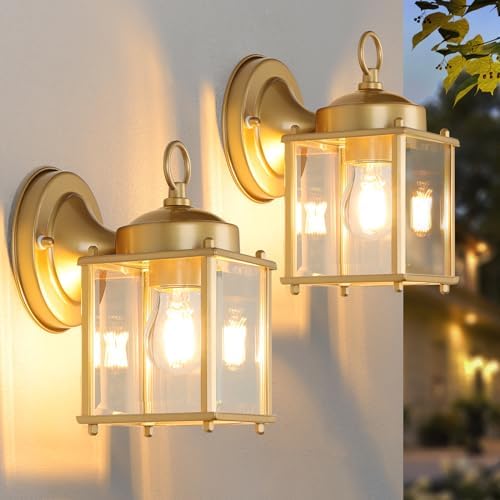 MATAMEYE Outdoor Wall Lantern, Exterior Waterproof Wall Sconce Light Fixtures, Gold Front Door Lighting with Clear Beveled Glass Shade, 2 Pack by MATAMEYE