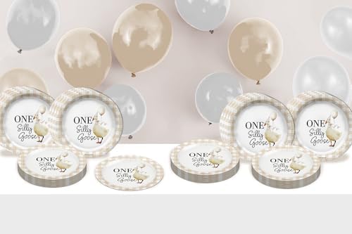 One Silly Goose First Birthday - 32 Piece Disposable Party Supplies - Decorations for Gingham 1st Birthday Round Party Plates - Large 9" Paper Plates In Bulk - Image 3