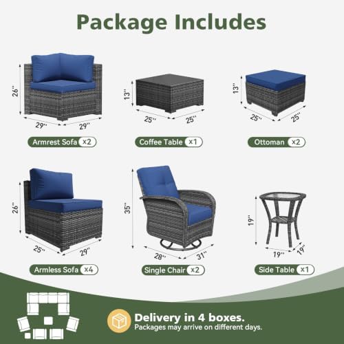Aoxun 12 Piece Outdoor Patio Furniture Set with Coffee Table, Wicker Rattan Outdoor Furniture with High Back Swivel Rocker Chairs, Outdoor Conversation Set with Thick Cushion & Ottoman, Navy Blue - Image 3