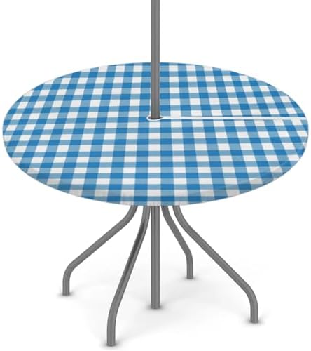 Fitted Round Tablecloth with Umbrella Hole and Zipper Buffalo Plaid Outdoor Elastic Table Cloth 36"-44" Oil-Proof Waterproof Moroccan Patio Table Cover for Dining Picnic Party, Blue and White by GzLeyigouHomeKitchen