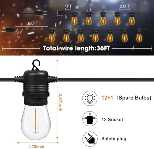 GvvooHome Outdoor String Lights, 36FT LED Waterproof Patio Lights - Image 6