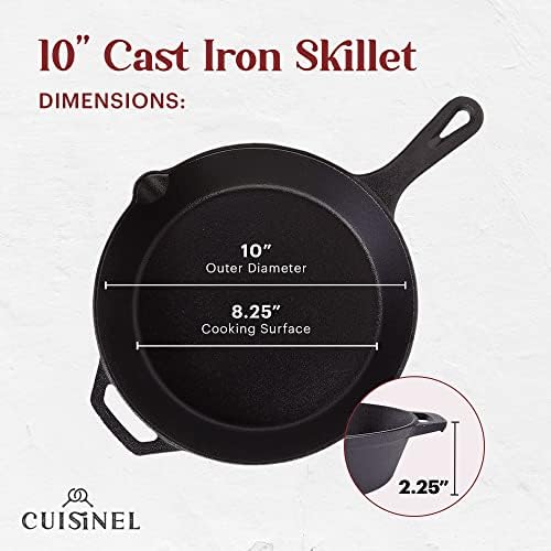 Cuisinel Cast Iron Skillet + Grill Press + Scraper Set - 10"-inch Pre-Seasoned Frying Pan + Silicone Handle Grip - 7" Round Burger Smasher - Indoor/Outdoor, Grill, Kitchen Cookware. PFAS and PFOA-free - Image 3