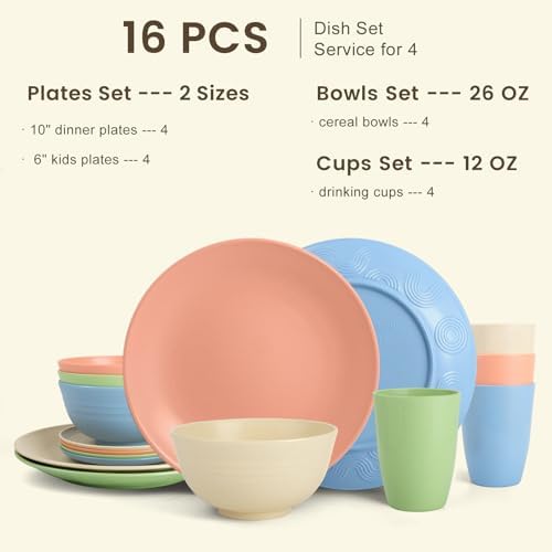 Homienly Premium Dinnerwave Sets, Lightweight & Unbreakable Wheat Straw Dish Set - Plates and Bowls Set with Cups, 16 PCS Microwave and Dishwasher Safe Dinnerware Set - Multi Light - Image 2
