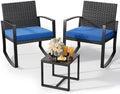 Qsun 3 Piece Patio Bistro Set Patio Furniture Set Outdoor Wicker Rocking Furniture Conversation Set with Tempered Glass Coffee Table for for Front Porch Balcony and Deck (Blue Cushion) by Qsun