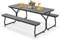 HAPPYGRILL Outdoor Picnic Table Bench Set, 2450 LBS Capacity Dining Table with 2 Benches for 6-8 People, Heavy Duty Metal Frame Picnic Table with HDPE Tabletop & Umbrella Hole for Patio Garden Yard by HAPPYGRILL