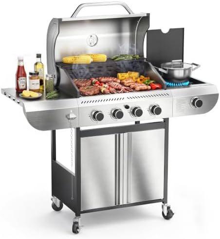 Electactic 4-Burner Gas Grill with Side Burner, Stainless Steel Propane Grill with Built-In Thermometer, 42000BTU BBQ Grill for Outdoor Cooking, Patio and Backyard Barbecues by Electactic