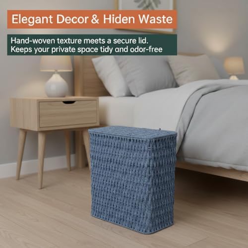 Coeusy 3 Gallon Paper Rope Bathroom Trash Can,Small Wicker Trash Cans with Lid and Liner,Woven Rattan Narrow Waste Basket for Bedroom,Office,Blue - Image 7