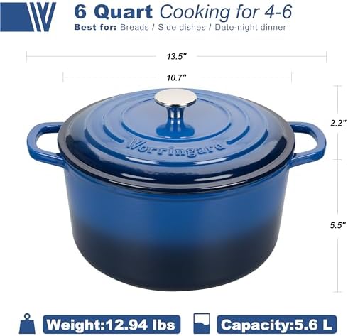 VORRINGARD Enameled Cast Iron Dutch Oven Pot with Lid, for Sourdough Bread Baking, Round Dutch Ovens, 6 Quart, Blue - Image 2