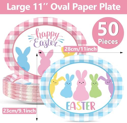 Qyeahkj 50 PCS Easter Bunny Oval Paper Plates Large 11” Disposable Spring Easter Rabbit Party Decorations Supplies Favor for Party Tableware Set - Image 2