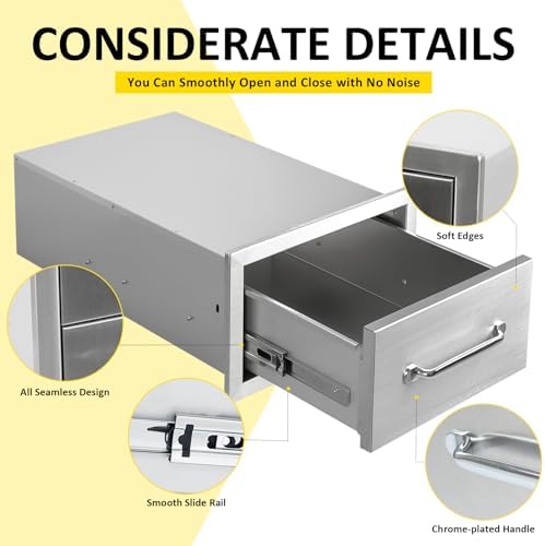 Outdoor Kitchen Drawers 14" W x 8.5" H x 23" D Flush Mount Single BBQ Drawers with Chrome Handle Built-in Stainless Steel Drawer for Outdoor Kitchen Island, Patio Grill Station - Image 4