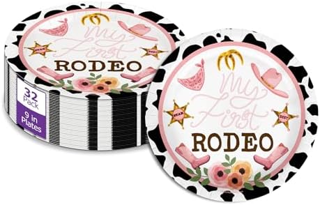 My First Rodeo Baby Girls 1st Birthday - 32 Piece Disposable Party Supplies - Decorations for Cowgirl Birthday Round Party Plates - Large 9" Paper Plates In Bulk by BirthdayGalore