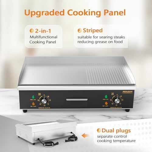 ROVSUN 26" Electric Griddle, Electric Countertop Half Flat Top Griddle, 3200W Grill Stainless Steel with Adjustable Temperature Control 122°F-572°F for Commercial Home Restaurant, Plug - Image 5