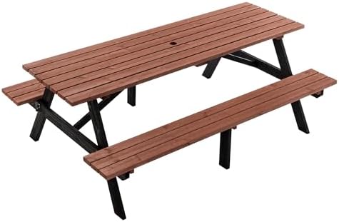75'' Rectangular Outdoor Dining Table Wooden Patio Dining Table & 2 Built-in Bench for 8, 2" Umbrella Hole, Suitable for Picnic Backyard Garden Porch, Wood Brown by JJKFurniture-kevinplus