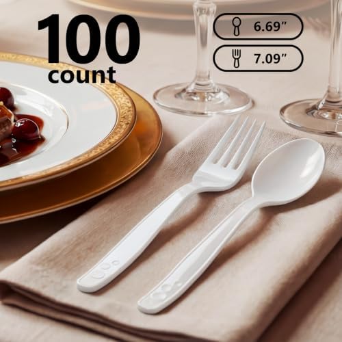 SACATR 100 Count White Plastic Silverware Heavy Duty -Forks,Spoons - Image 2