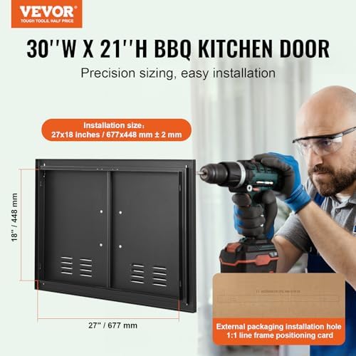 VEVOR BBQ Access Door, 30W x 21H Inch Double Outdoor Kitchen Door, Cold Plate Flush Mount Door, Wall Vertical Door with Handles and Ventss, for BBQ Island, Grilling Station, Outside Cabinet - Image 2