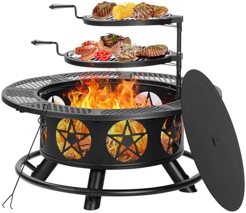 Outvue 36 Inch Outdoor Fire Pits with 2 Grills, Lid & Poker by OutVue-EmbracetheGreatOutdoors