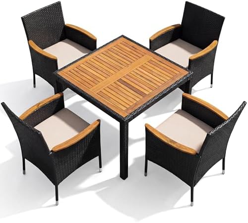 Devoko 5 PCS Acacia Wood Patio Dining Set, Black Rattan by DEVOKO