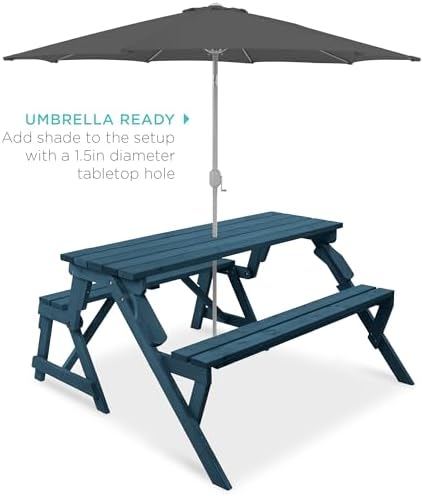 Best Choice Products 2-in-1 Transforming Interchangeable Outdoor Wooden Picnic Table Garden Bench for Backyard, Porch, Patio, Deck w/Umbrella Hole - Harbor Blue - Image 5