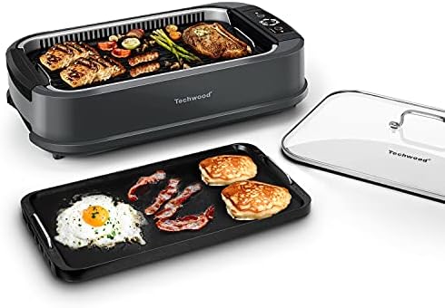 Indoor Grill, Techwood 1500W Smokeless Electric Grill with 2 in1 Nonstick Grill/Griddle Plates, Portable Korean BBQ Grill with 6-Level Control, Glass Lid, Dishwasher Safe, Double Plates, Gray by Techwood