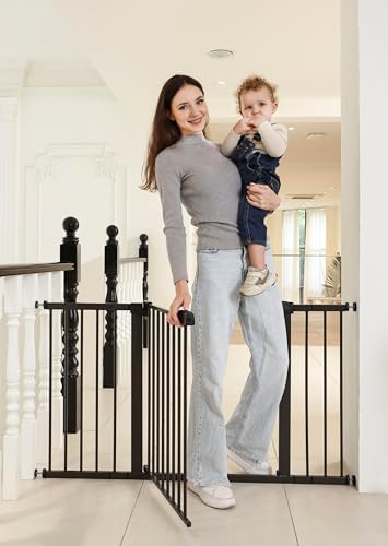 53.46"-55.63" Baby and Pet Safety Gate, 30" Tall Metal Walk-Thru Gate for Doorways & Stairs, Easy One-Hand Open, Dual Lock, Extensions & Wall Mounts Included (Brown, 29"-54" W x 30.5“H) by SafeGo