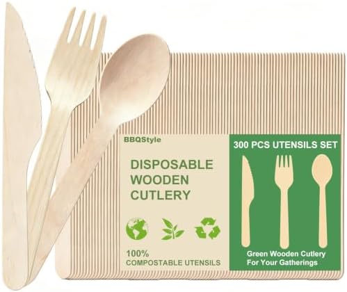 300 PCS Compostable Disposable Wooden Cutlery Set, Spoons Forks and Knives by BBQStyle