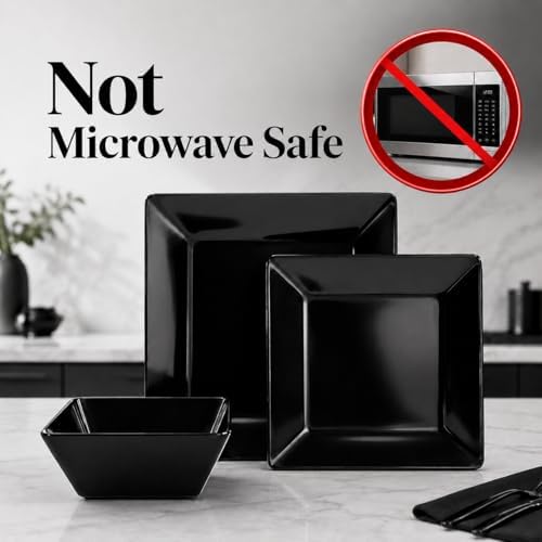 TP 12-Piece Melamine Dinnerware Sets, Square, Service for 4, Black - Image 3