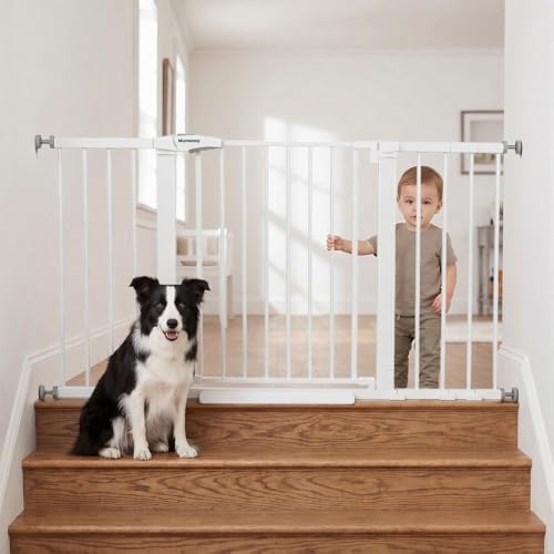 Mumeasy 29.7-54.2" Baby Gate for Stairs, Pressure Mounted Dog Gate for Doorways, Extra Wide Walk Thru Safety Pet Gate for Doors with Auto Close, Easy Install Child Gate for Hallway Indoor House, White by Mumeasy-FocusonBabyPetSafetyGate