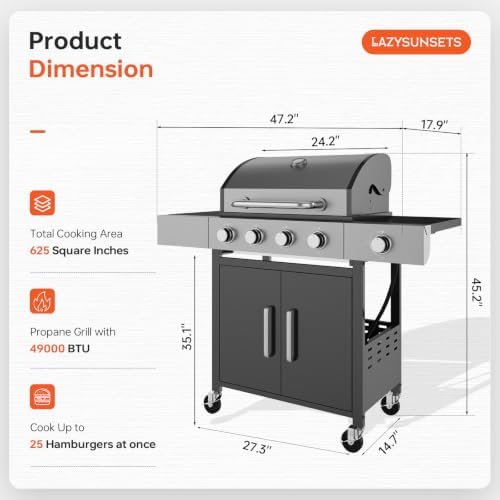 LazySunsets 4-Burner Propane Grill 49,000 BTU Stainless Steel，Black - Image 2