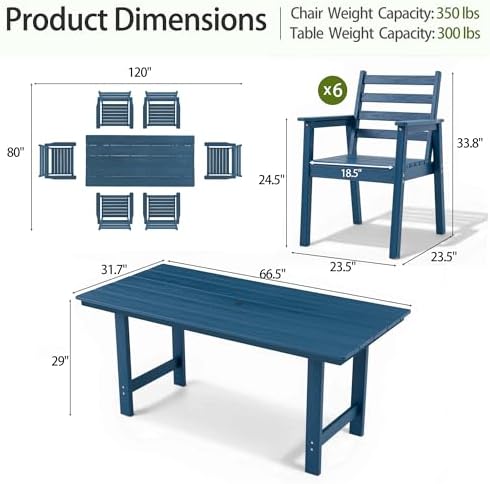7-Piece Outdoor Dining Set, All-Weather HDPE Patio Furniture, 66.5" Slatted Table with 1.6" Umbrella Hole & 6 Ergonomic Armchairs, Heavy Duty 350lbs Capacity, UV Resistant, Blue - Image 4
