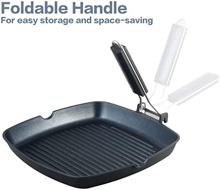 S·KITCHN Grill Pan with Folding Handle, Nonstick Grilling Pan for Stove Tops, Induction Compatible Square KBBQ Pan with Pour Spouts - 9IN - Image 5
