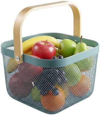 Mesh Steel Storage Organizer Basket Fruit Basket Bin with Wood Handle Ideal for Kitchen Bathroom Picnic Baskets Pantry Cabinets Storage Home Decor (Light Blue) by Ymeibe