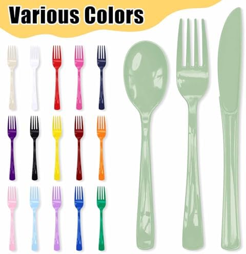 HEIPINIUYE 75 Pack Sage Green Plastic Cutlery Heavy Duty Sage Plastic Knives Forks and Spoons Disposable Silverware Set for 25 Guest Camping Birthday Baby Shower Party Cutlery Set - Image 5