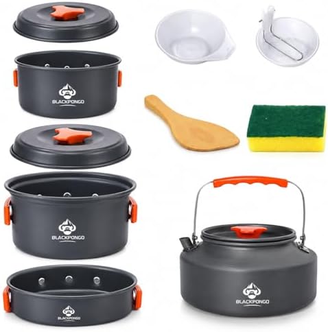 Camping Cookware Set, 15-Piece Camping Pots and Pans Set with Kettle, Frying Pan, Bowls & Plates, Lightweight Backpacking Mess Kit for Camping, Hiking, Picnic, RV Travel by Blackpongo
