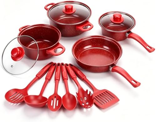 13 Piece Set Non-Stick Cookware Set, Portable Lightweight Cast Iron Pots and Pans with Glass Lids and Nylon Utensils for Outdoor Camping Picnic Travel Cookware by Pleasthome