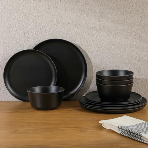 Gibson Home Fairhope 12-Piece Matte Black Melamine Dinnerware Set – Durable Lightweight Plates and Bowls, Kitchen Dining Set - Image 4